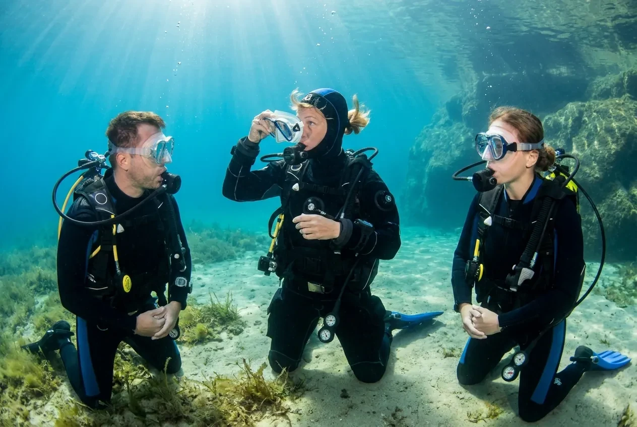 Diving instructor teaching two adult diving students in clear water during a diving course