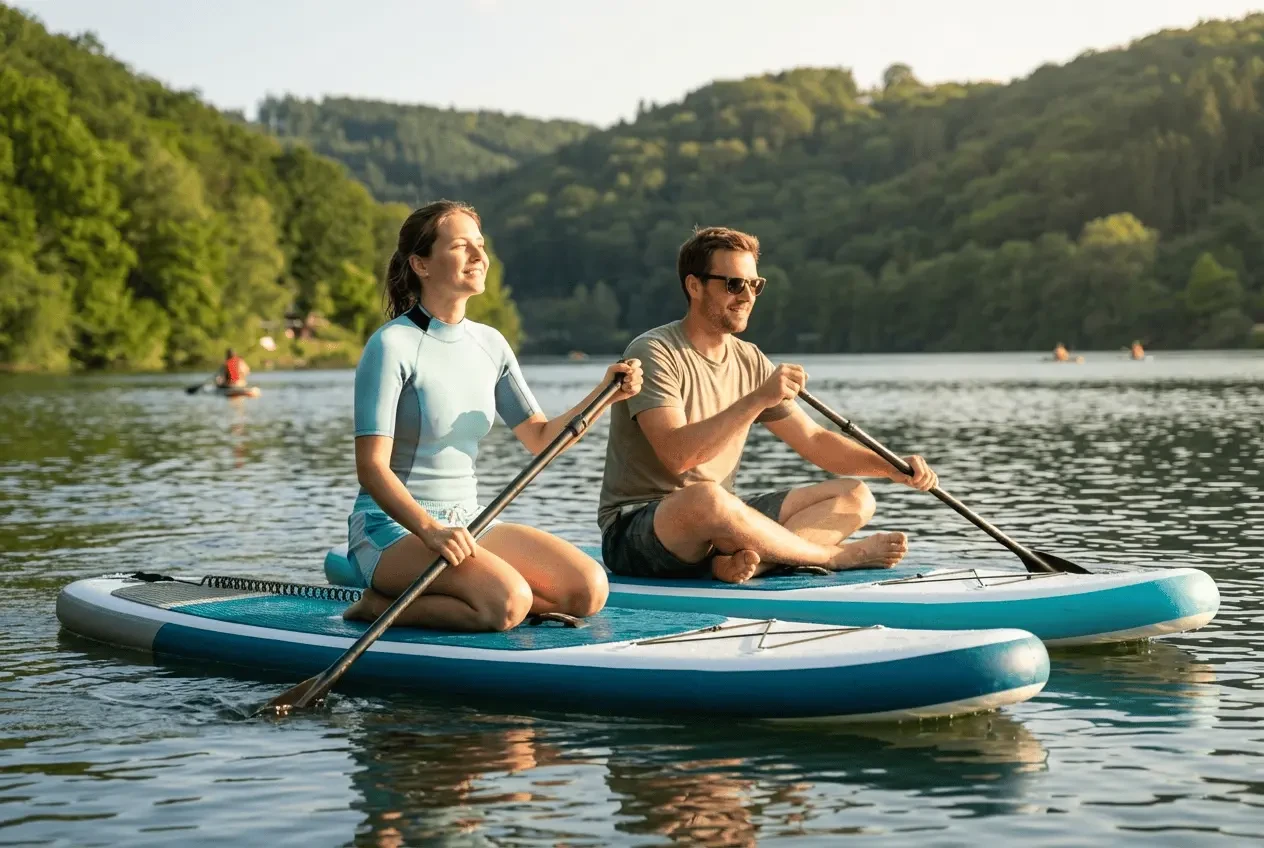 Stand up paddling station at the lake with board rental and happy customers paddling