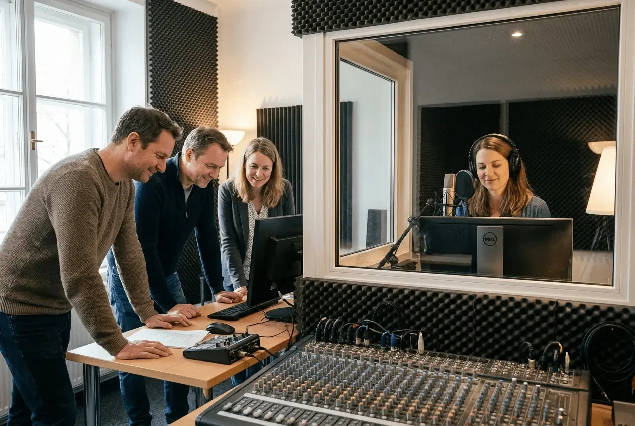 Participants at a voice acting workshop in the recording studio in front of the microphone during voice actor training