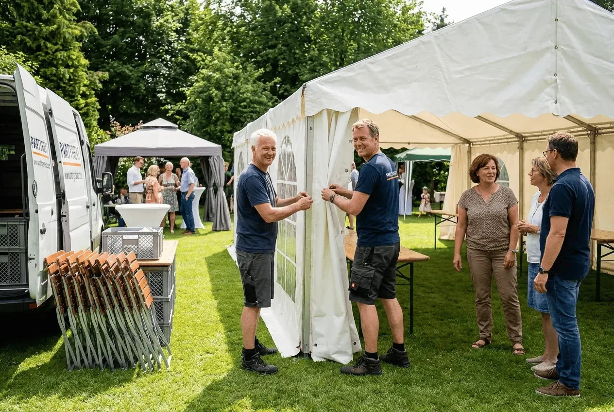 Set up white party tent with wooden floor and beer table sets ready for a garden party or outdoor event
