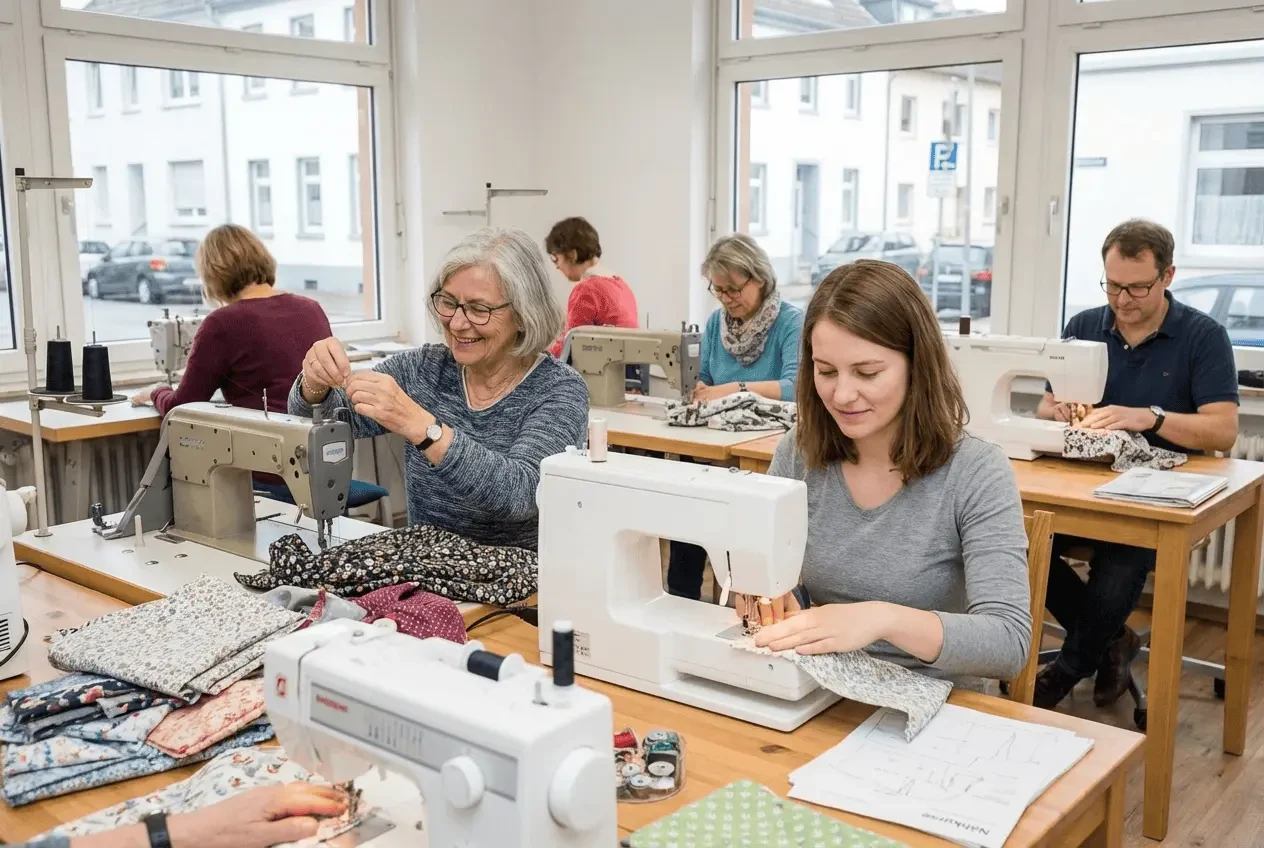 Happy sewing instructor in the studio at the sewing machine planning workshops and courses