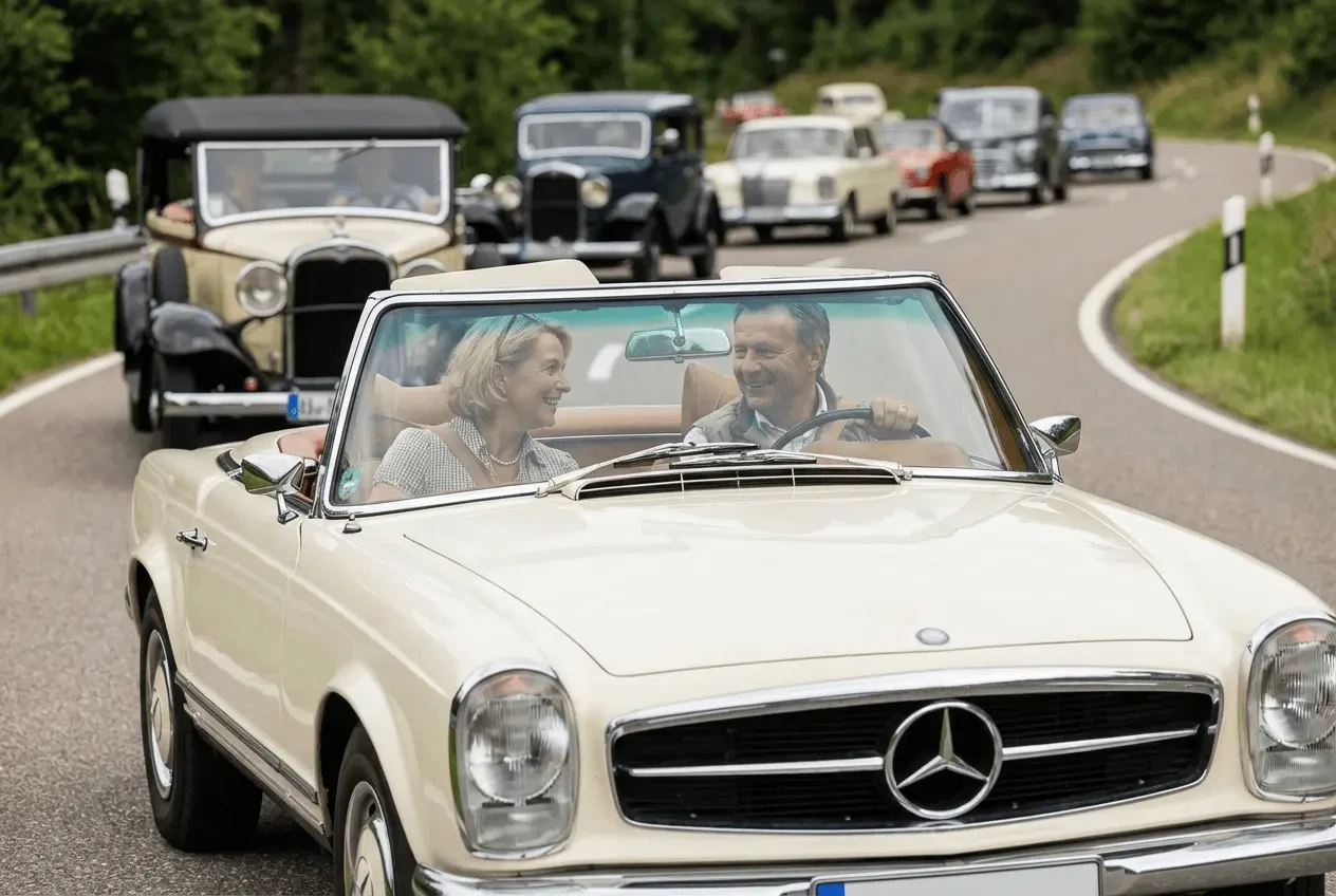 Classic vintage cars on a tour on a country road during a rally event