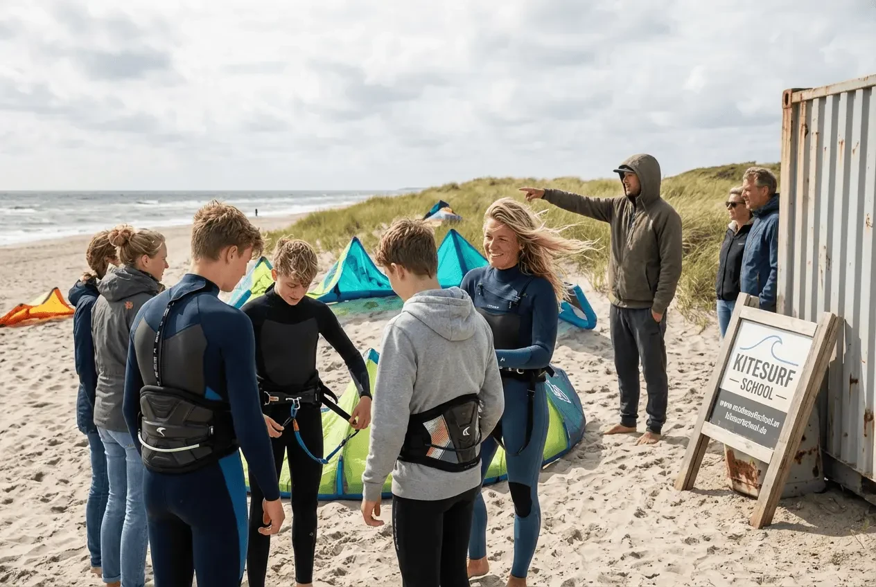 Kitesurfing instructor explains the bar safety system to a student on the beach in bright sunshine and blue sea