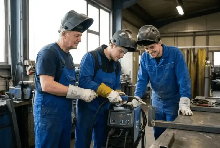 Fachkräfte an einem MIG-Schweißgerät in einer schweißtechnischen Ausbildungswerkstatt