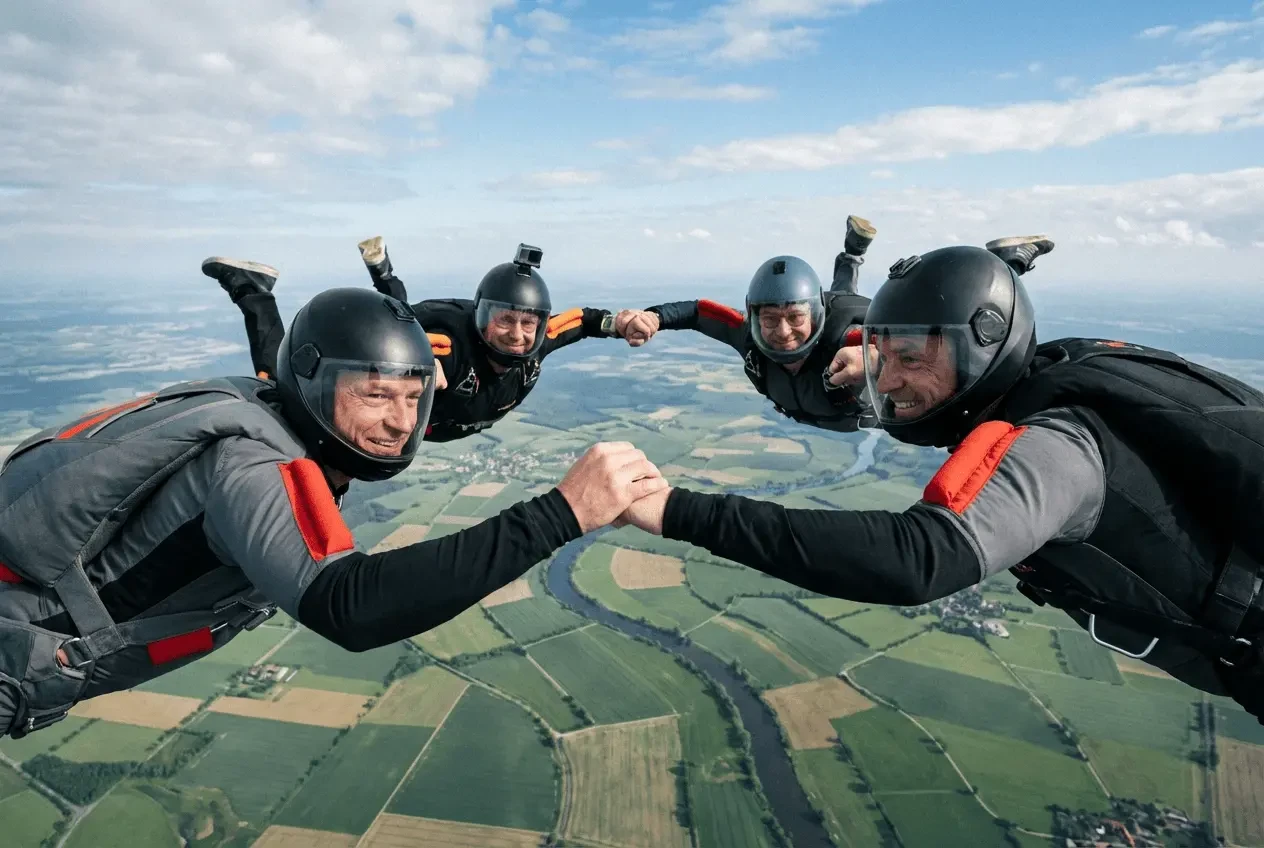 Fallschirmspringer Formation im Freifall bei blauem Himmel über grüner Landschaft