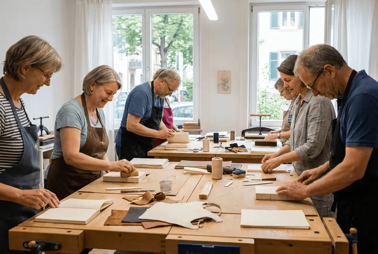 View into a bookbinding workshop with tools for thread stitching and paper processing during a workshop