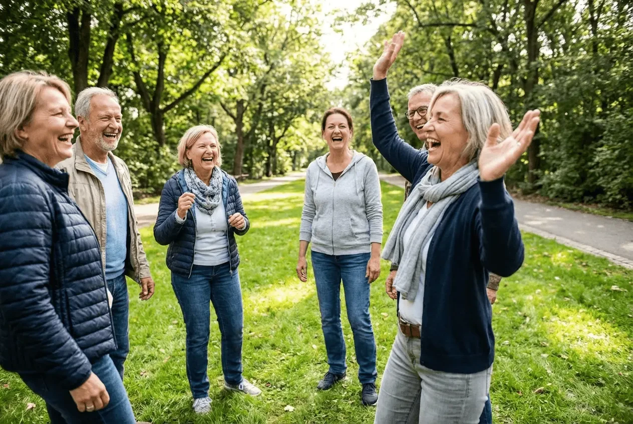 Laughter yoga instructor leads a group in a laughter session for stress relief and team building without mats