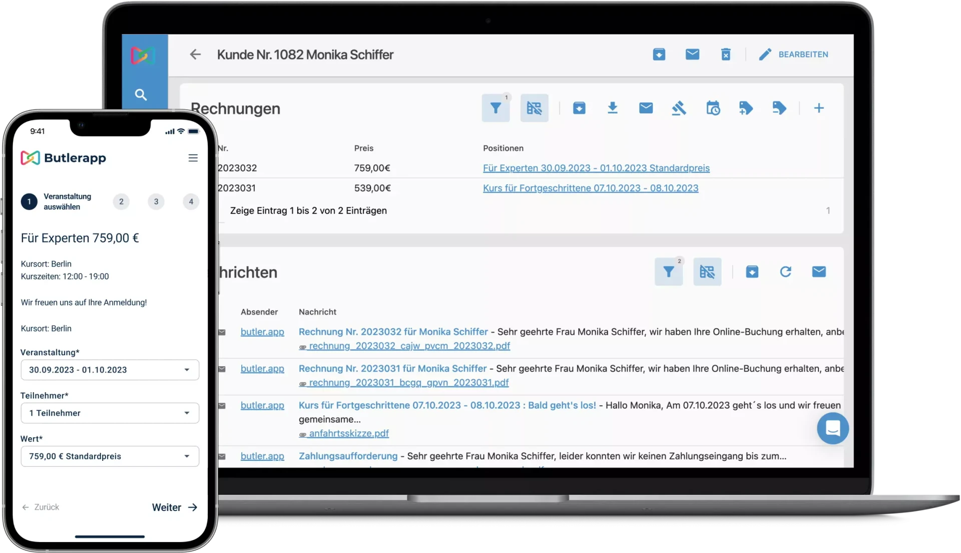 Moderne Software Oberfläche für Seminarverwaltung mit digitalem Buchungskalender und Teilnehmerlisten