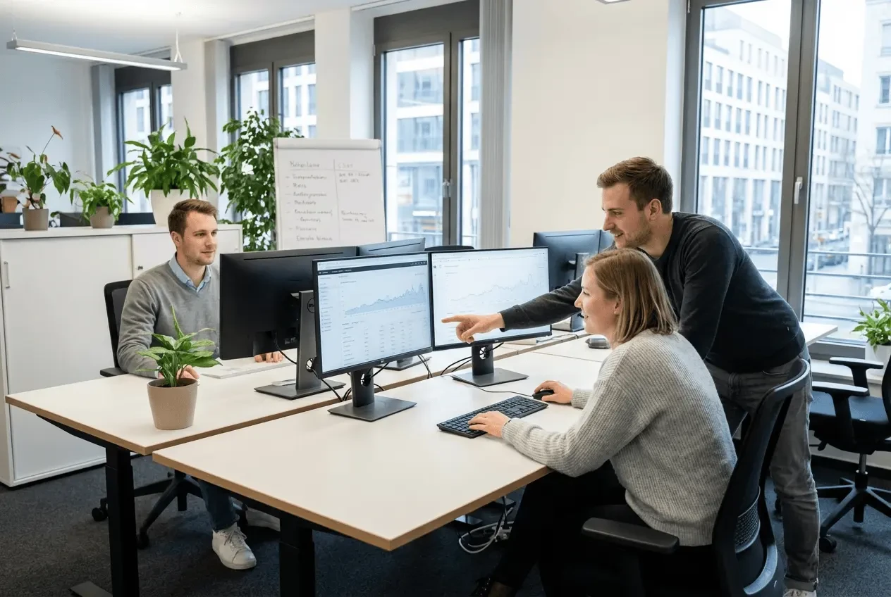 SEO experts analyzing Google Ads campaigns and rankings on a laptop for digital marketing