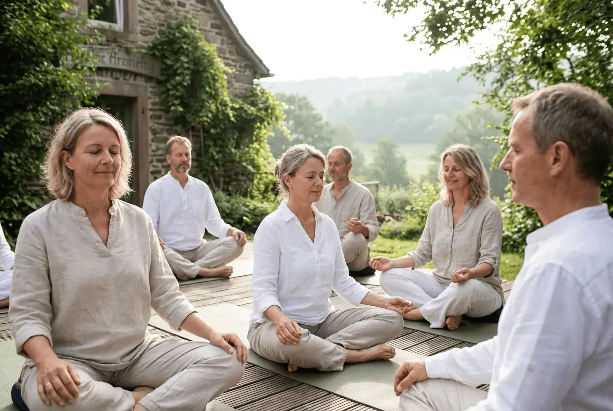 Teilnehmer in bequemer Kleidung bei einer geführten Gruppenmeditation in einem hellen Seminarraum