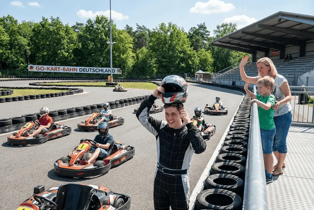 Racer on indoor go-kart track during a fast overtaking maneuver for event booking and ticket sales
