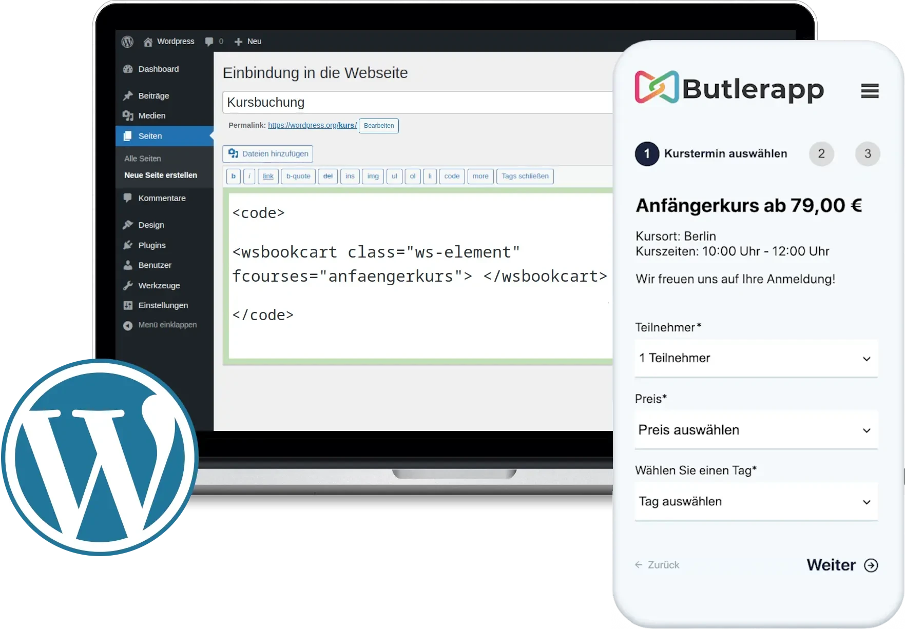 Laptop screen showing WordPress website with integrated online booking form for seminars and courses