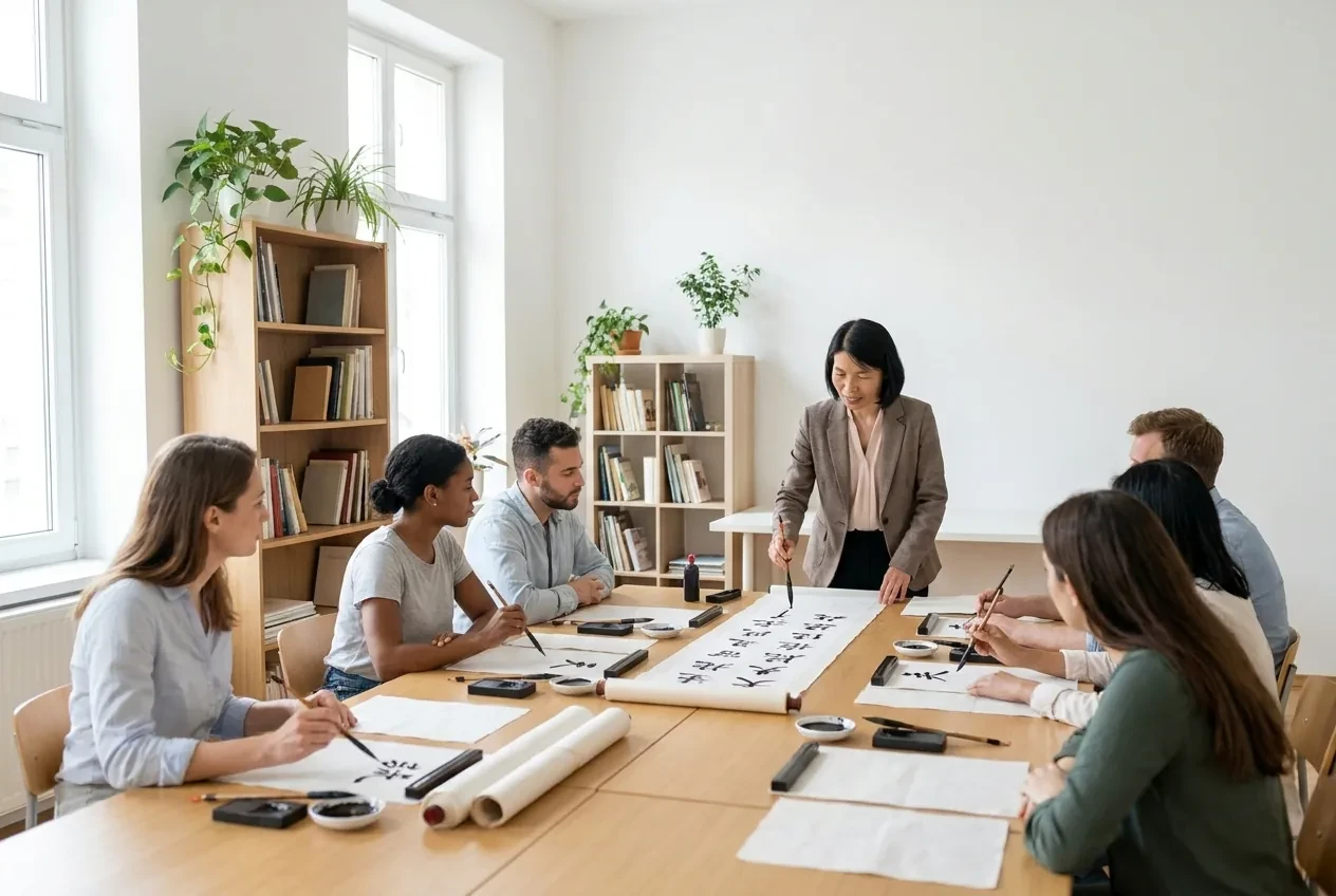 Students in a modern language classroom learning Chinese and attending a calligraphy workshop