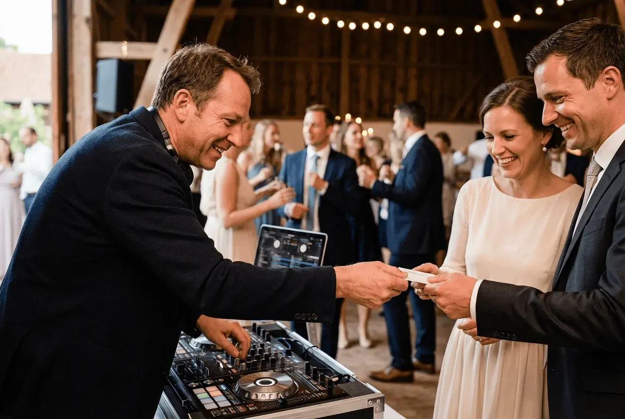 Hochzeits-DJ mit professionellem Equipment und Lichttechnik sorgt für Stimmung auf der Tanzfläche bei Event