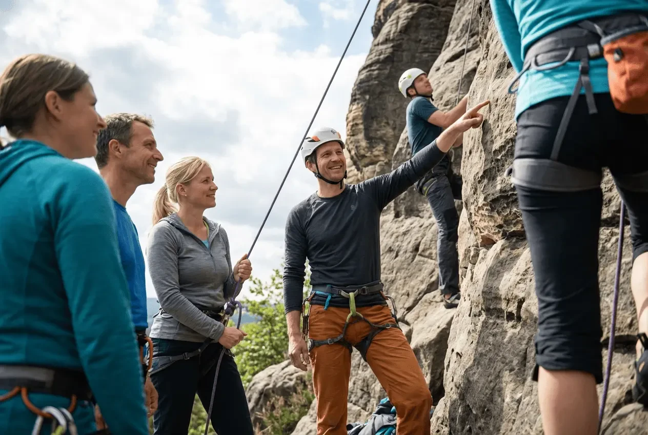 Trainer erklärt Sicherungstechnik beim Sportkletterkurs in einer modernen Kletterhalle an der Kletterwand