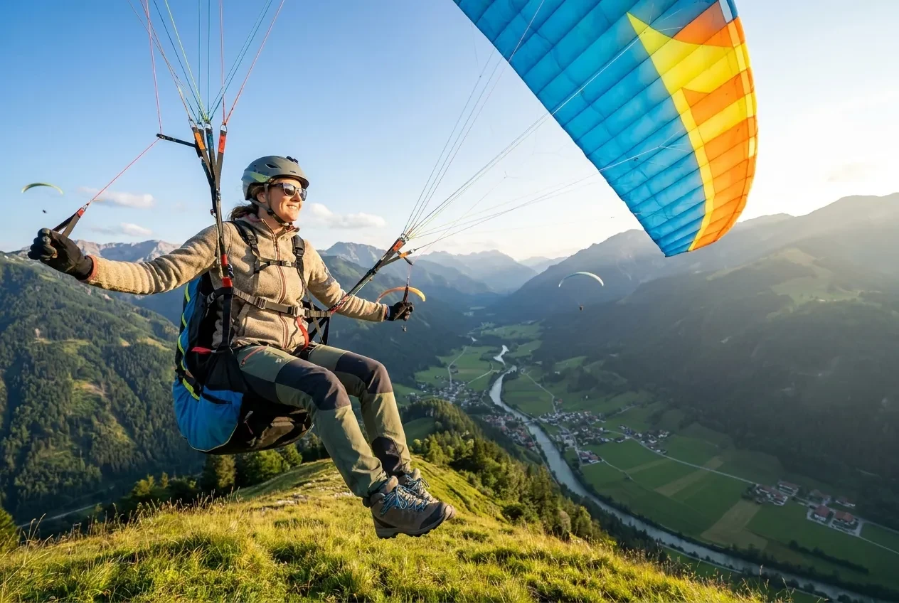 Female paraglider pilot flying above a mountain valley landscape