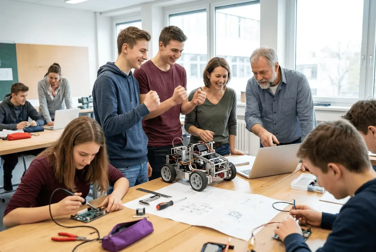 Kinder programmieren Roboter in einem MINT-Ferienlager am Laptop