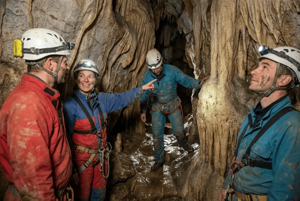 Professionelle Höhlenerkundung Speläologie Führung mit Gruppe und Ausrüstung in einer Höhle