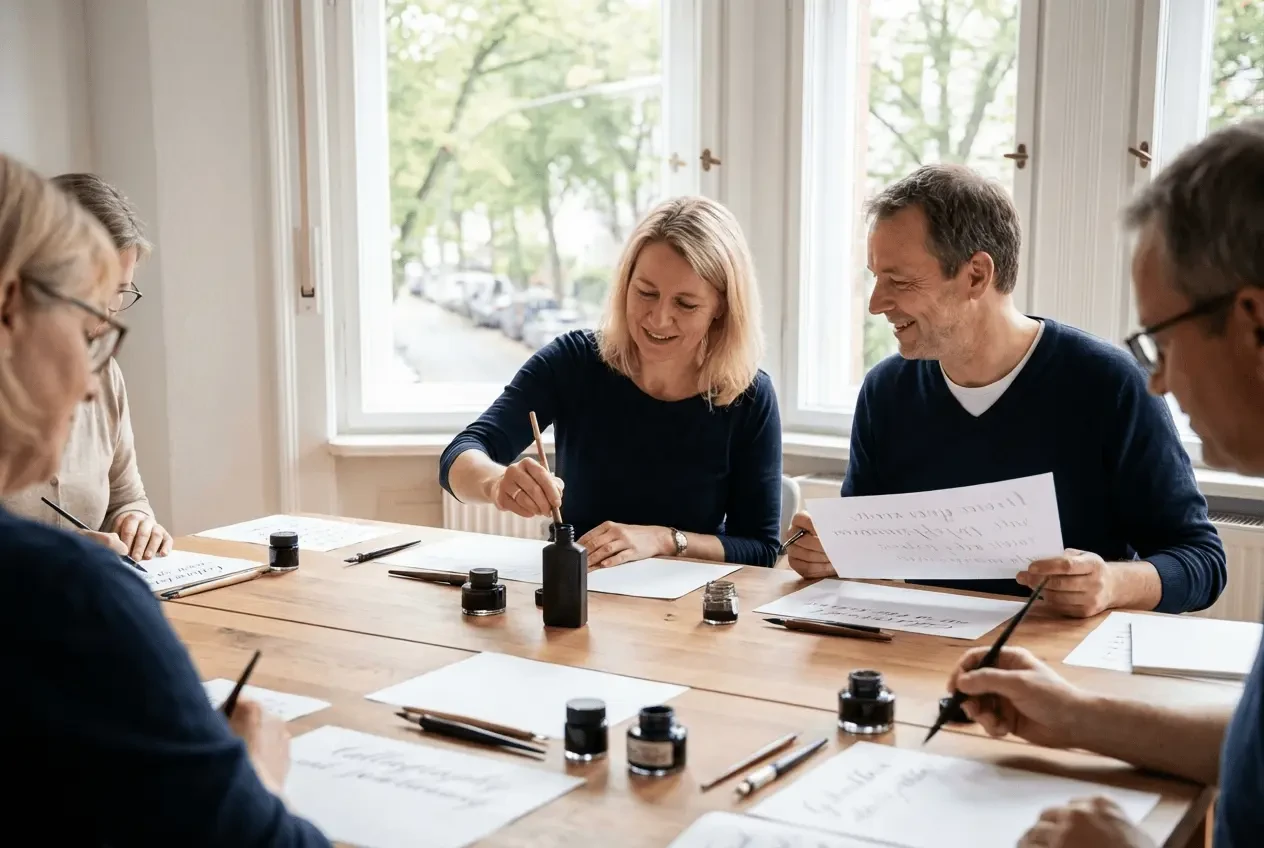 Kalligrafie Workshop Teilnehmer bucht Onlinekurs am Laptop neben Tintenfass und Federhalter