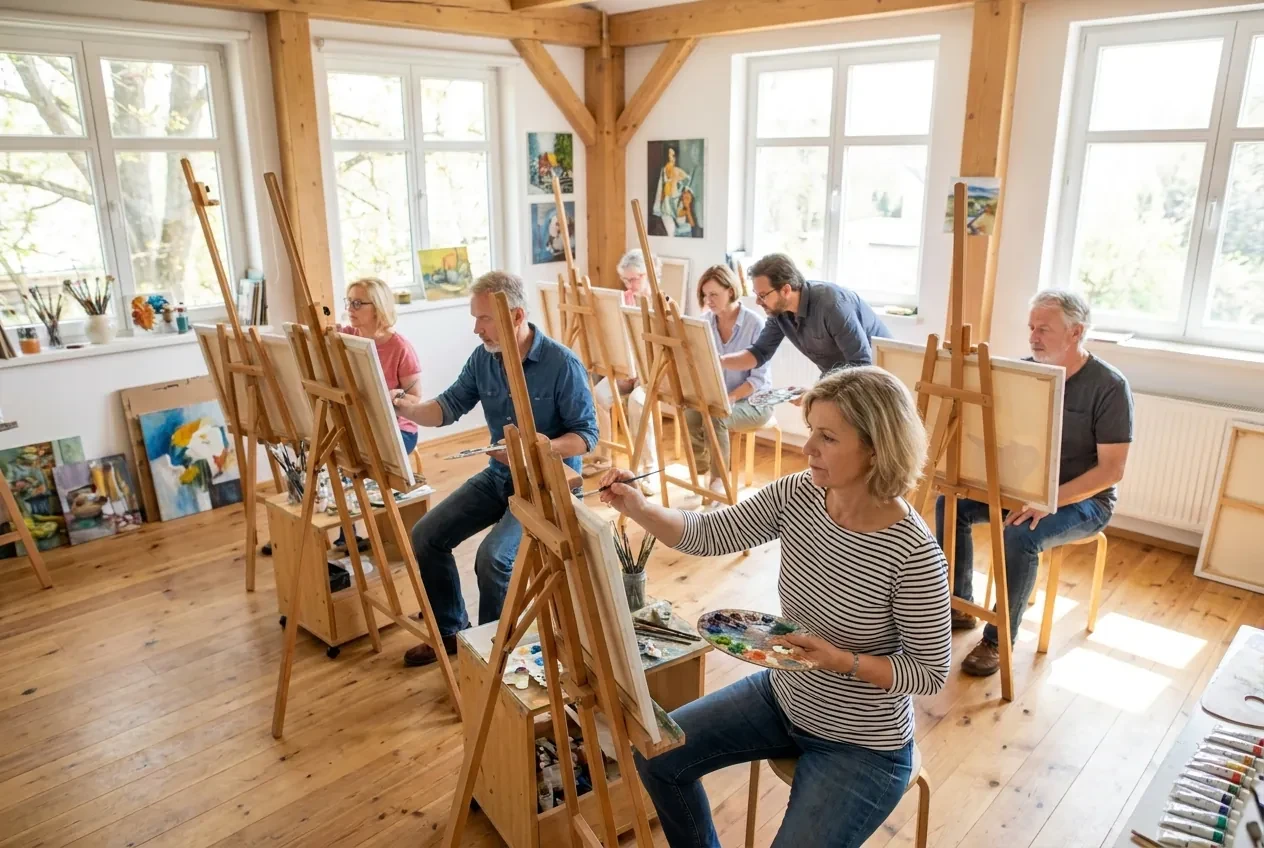 A painting group works at easels in a bright studio while the workshop instructor offers guidance