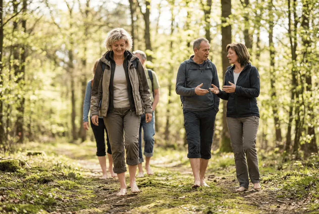 Gruppe bei einer geführten Barfußwanderung im Wald erlebt Achtsamkeit und Naturverbindung