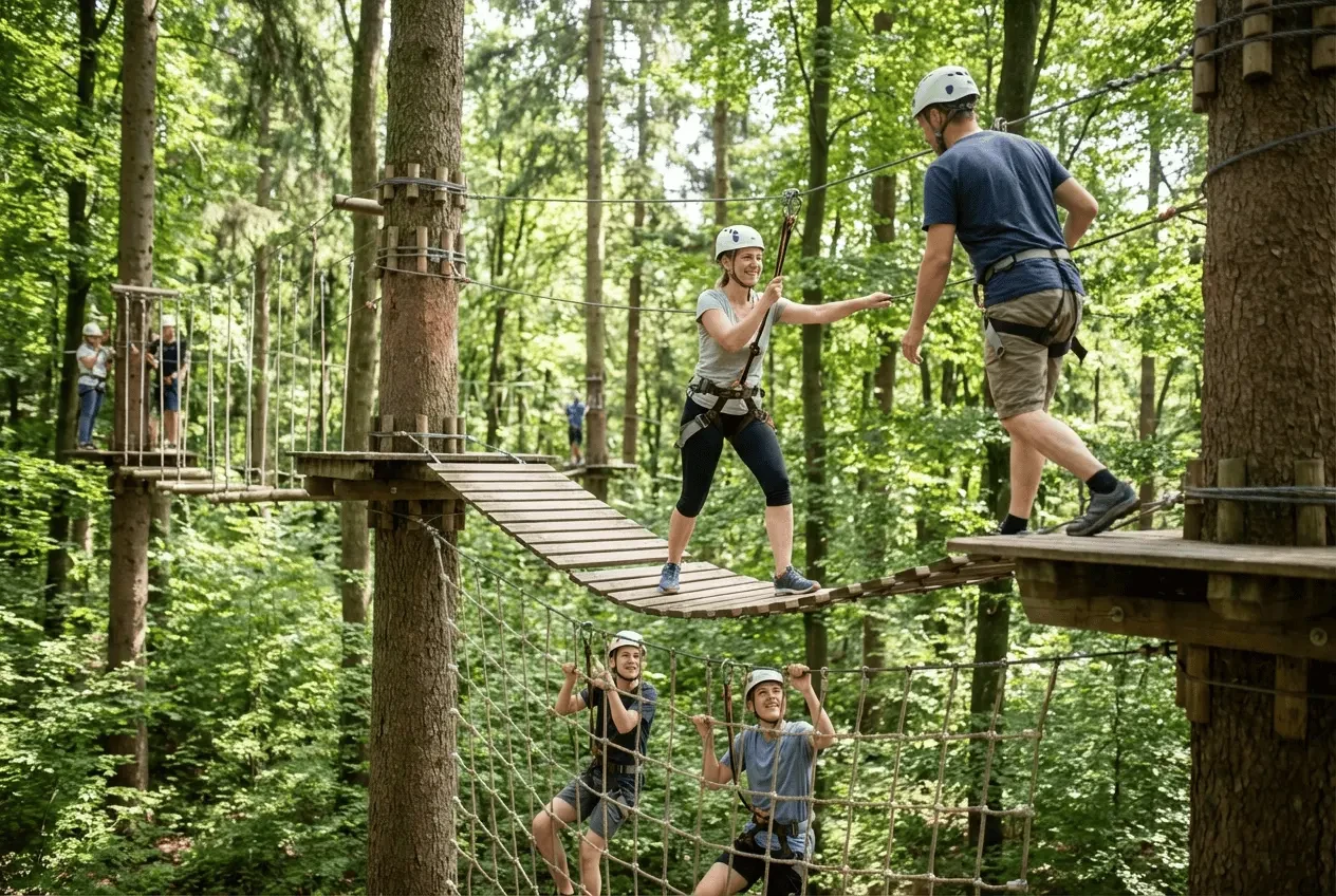 Besucher im Hochseilgarten in Aktion mit moderner Kletterausrüstung und Sicherungstechnik