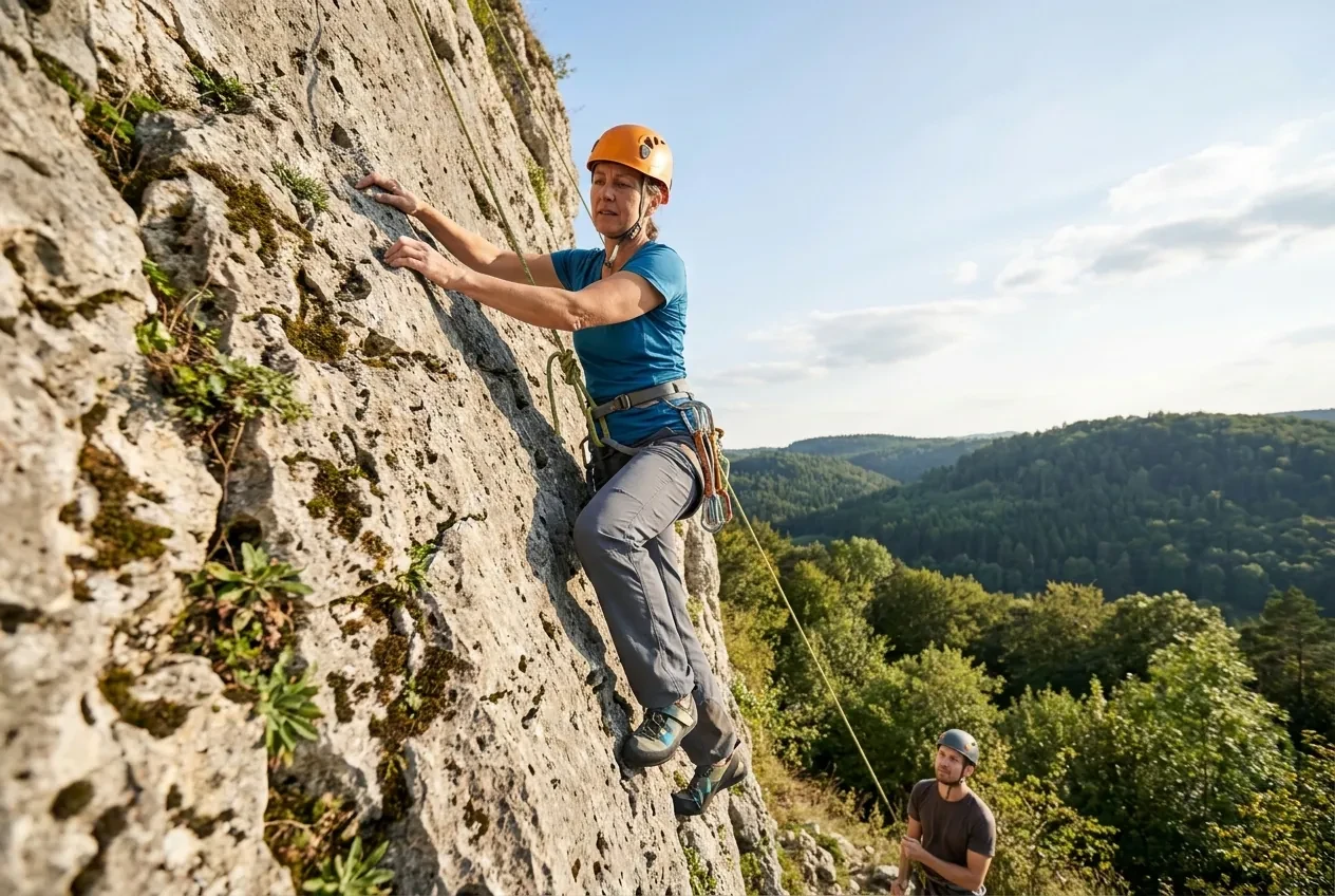 Female climber with helmet and belay partner during an outdoor climbing course on natural rock