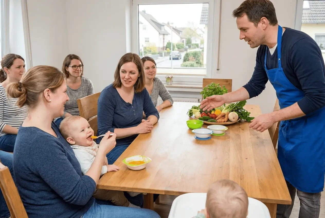 Baby eating porridge in a complementary feeding course for parents and toddlers