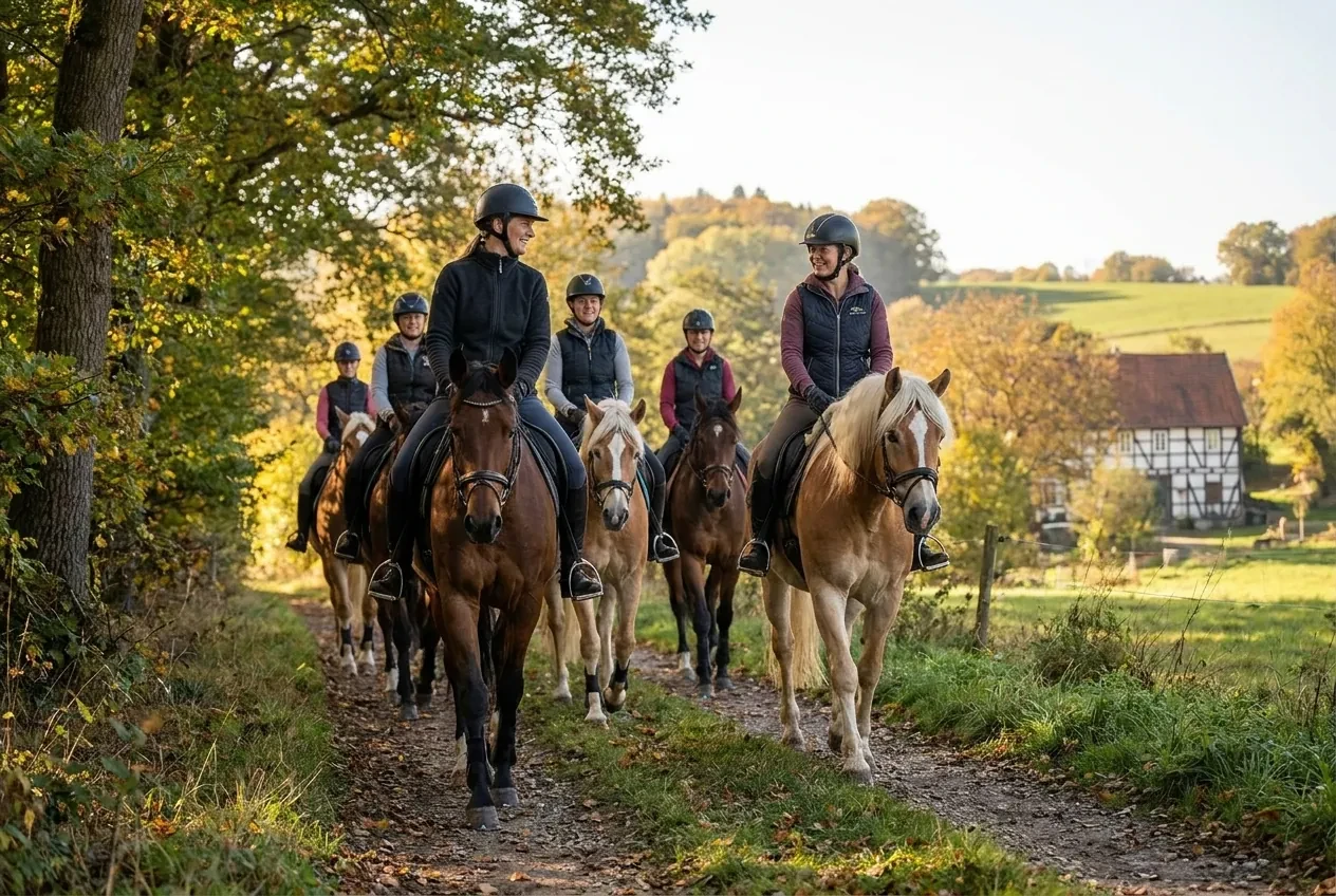 Group of riders on a guided trail ride on a path in a rural setting