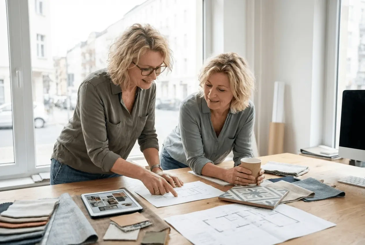 Innenarchitektin arbeitet an Raumkonzepten am Schreibtisch mit Plänen und Materialproben