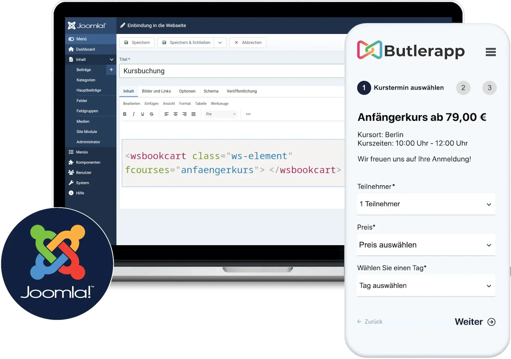 View of responsive course management on a Joomla website for seminars and workshops for digital participant management