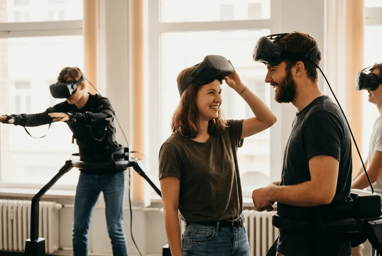 Gruppe von Freunden spielt gemeinsam in einer Virtual Reality Arcade mit VR-Brillen und Controllern
