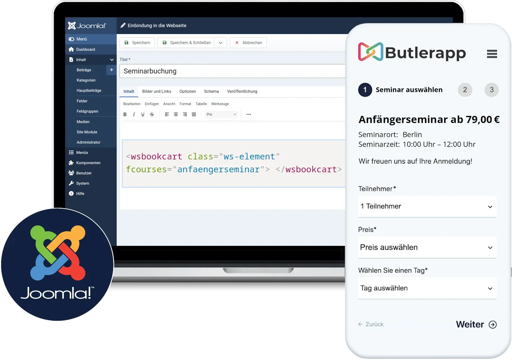 Modern laptop displaying an online booking interface for seminars integrated into a Joomla website