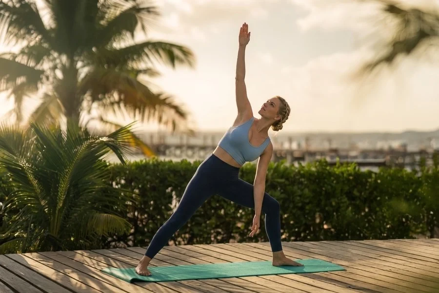 Yoga teacher leading an outdoor retreat with digital booking system