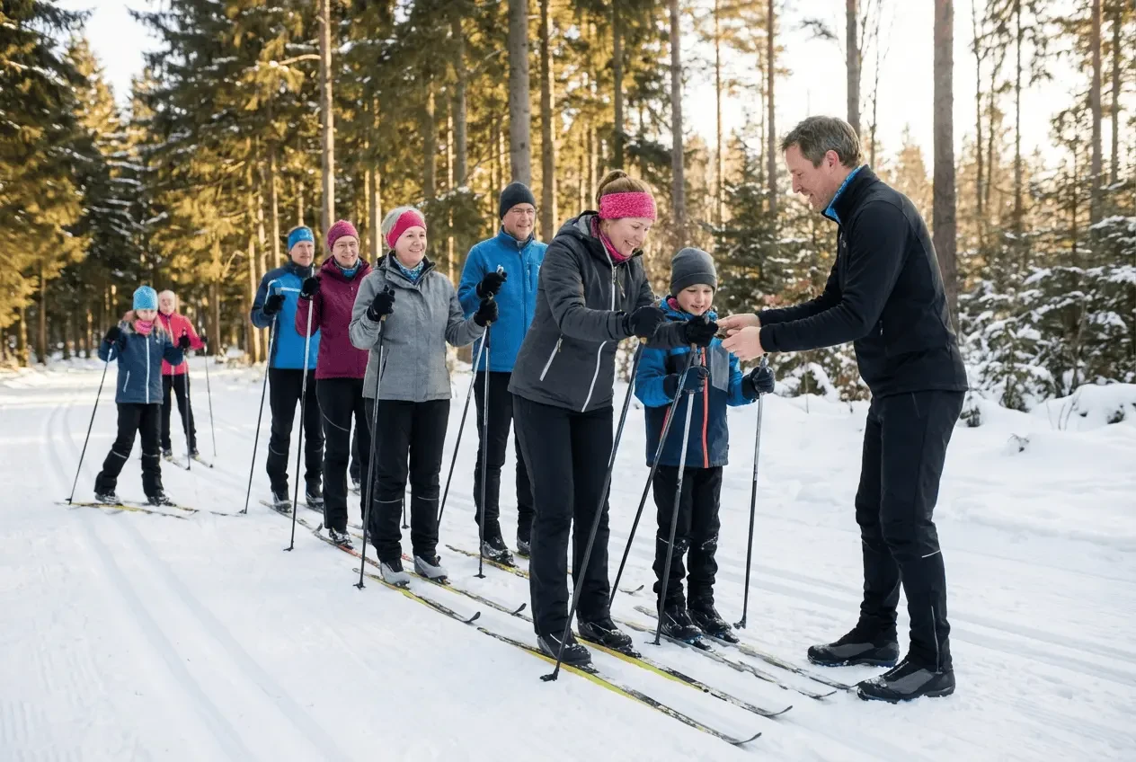 Sportliche Langläuferin beim Skating Training auf einer perfekt präparierten Loipe im verschneiten Gebirge