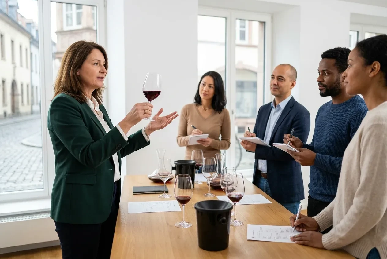 Instructor explains wine evaluation in a bright seminar room while participants take notes