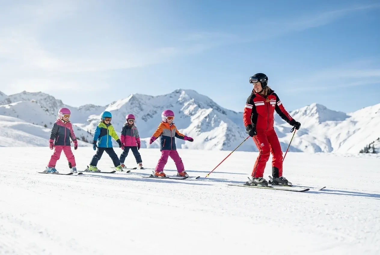 Ski instructor teaching a group of ski students on a snowy slope in the Alps