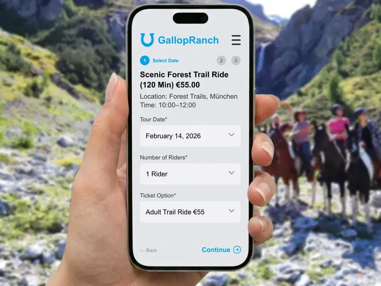 Smartphone with Butlerapp booking form in front of a guided riding group in the mountains