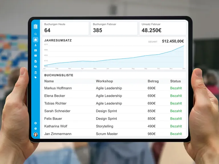 Digitale Teilnehmerliste und übersichtliches Dashboard zur Organisation von Workshop-Anmeldungen und Zahlungsstatus