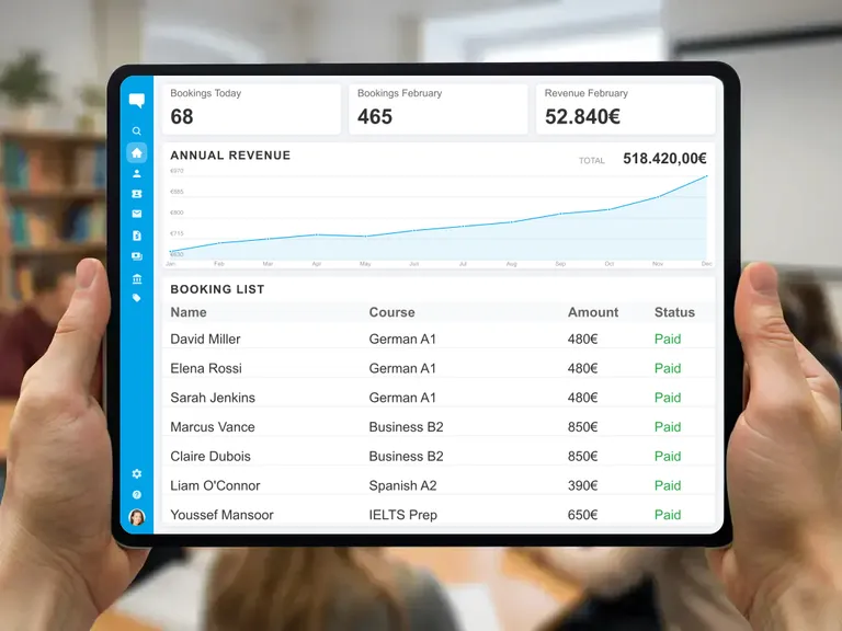 Digital invoicing, e-invoicing, and payment processing for language courses