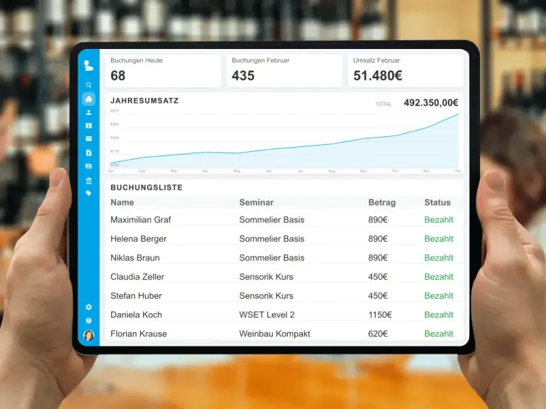 Butlerapp-Dashboard mit Kursbuchungen auf einem Tablet vor einem laufenden Weinseminar