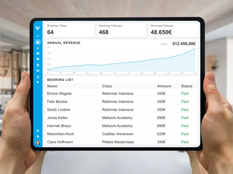 Butlerapp dashboard with a booking list for Pilates courses and seminars