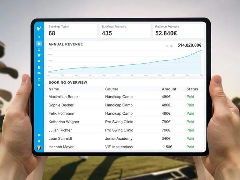 Tablet with the Butlerapp dashboard for course bookings and payments on a driving range