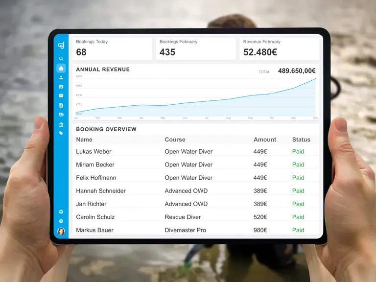 Tablet with Butlerapp dashboard for bookings, revenue, and participants of a diving school