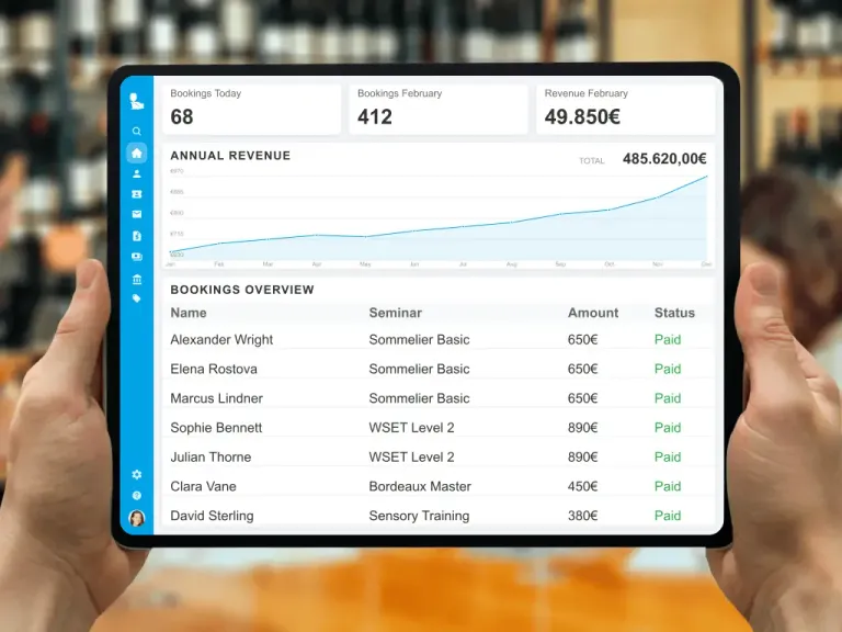 Butlerapp dashboard with course bookings on a tablet during a wine seminar
