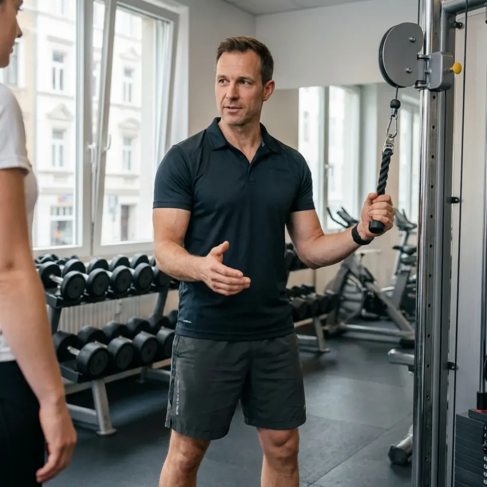 Fitnesstrainer erklärt einer Teilnehmerin eine Übung am Kabelzug im Fitnessstudio