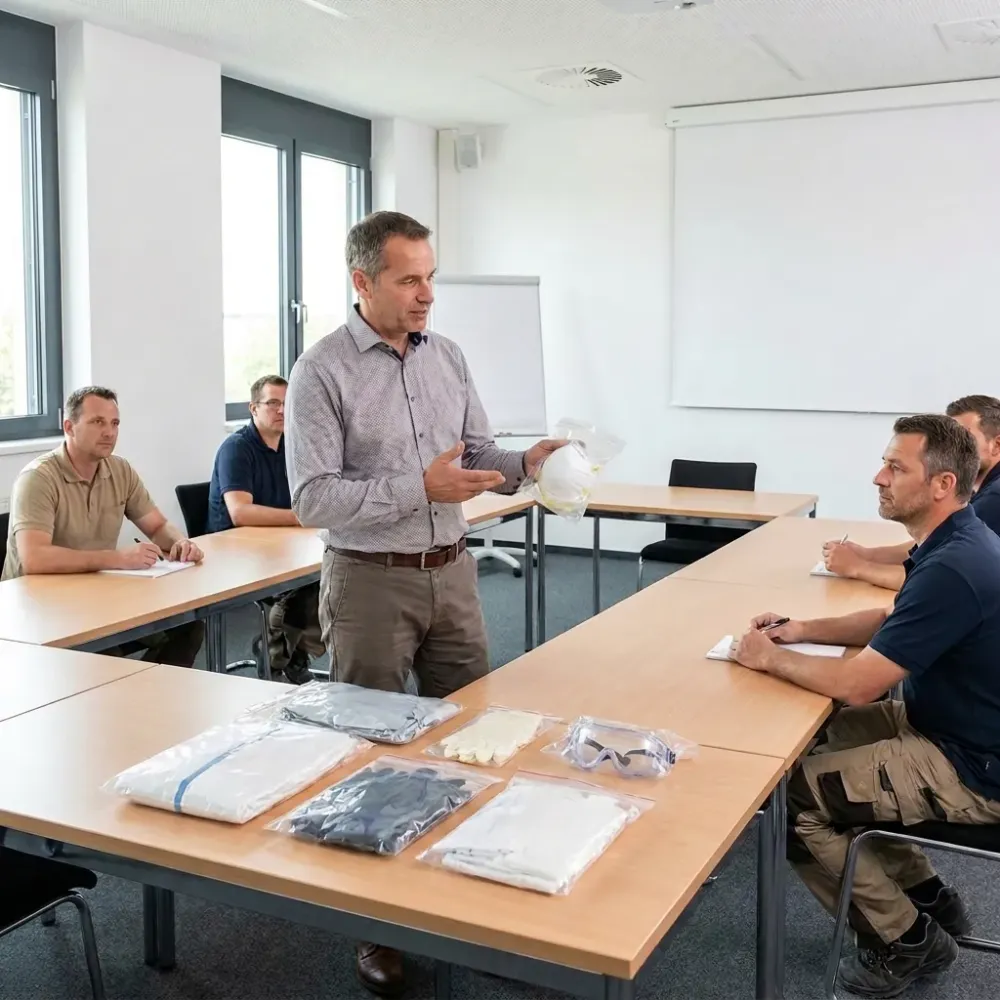 Dozent erklärt erwachsenen Teilnehmern in einem hellen Seminarraum versiegelte Atemschutz- und Schutzausrüstung