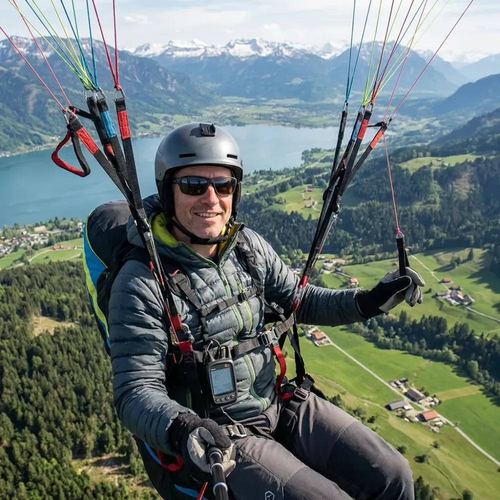 Paraglider pilot flying above a lake, meadows and mountains