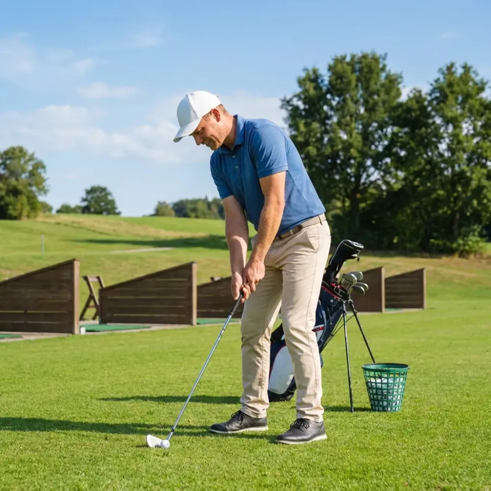 Adult golf beginner practicing with an iron on a sunny driving range