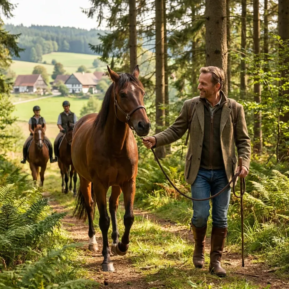 Riding guide with horse and group of riders on a forest path